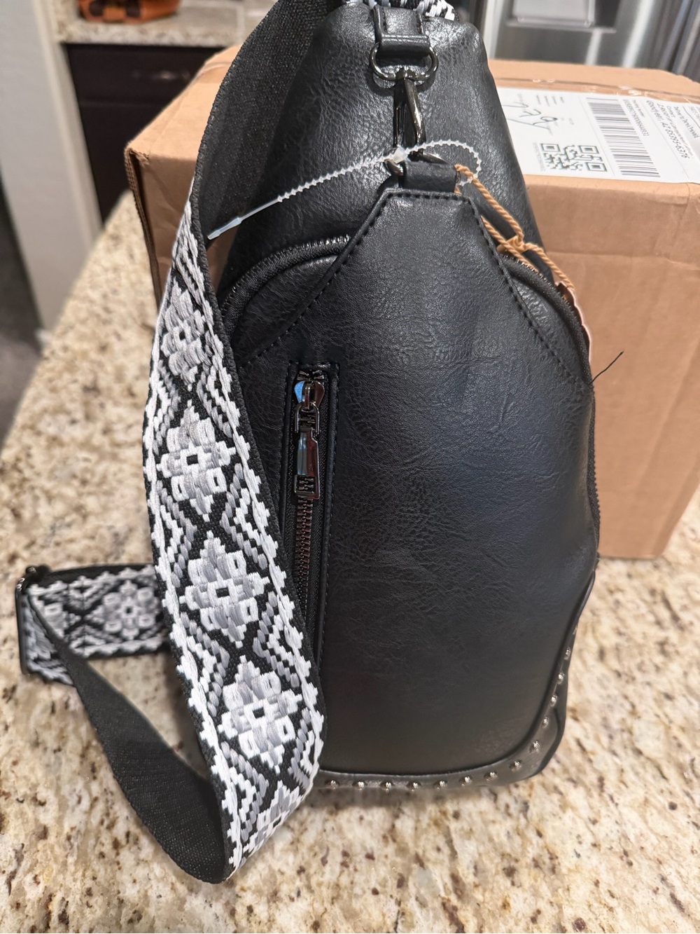 Black Women’s Crossbody Sling Bag with Embroidered Strap